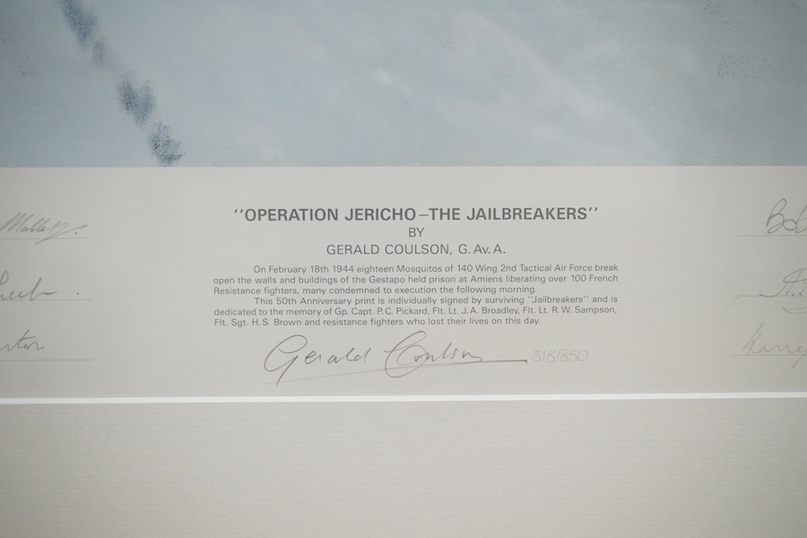 Gerald Coulson (b.1926), limited edition colour print of a Mosquito plane 'Operation Jericho - The Jailbreakers' limited edition 318/850, signed by 18 veterans and the artist, blind stamped, 57 x 79cm. Condition - good